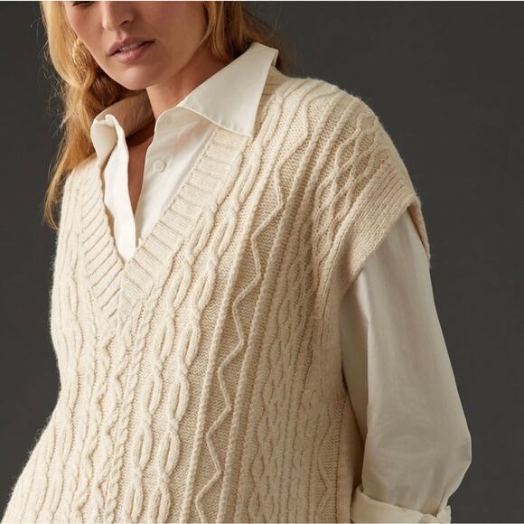 By Anthropologie | Ivory Oversized Preppy Cable Knit Sweater Vest XXS - Picture 2 of 15